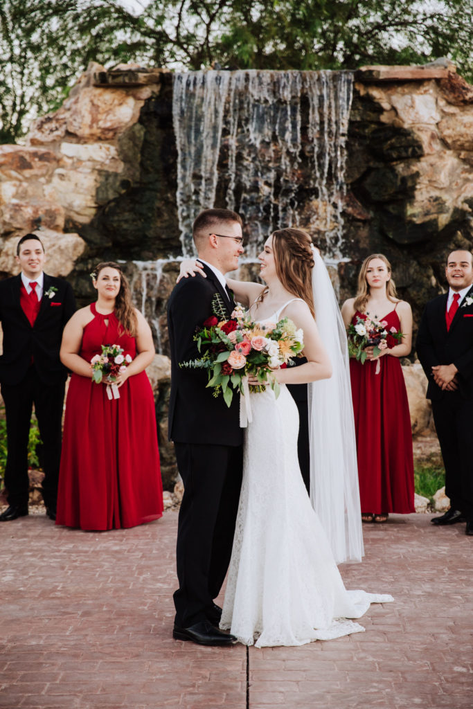 Colorful Gilbert fall wedding bright in hue and charm. Burgundy, blush, and pops of peach highlighted the joy in the celebration! Floral by Array Design, Phoenix Arizona. Photography by Scott English.