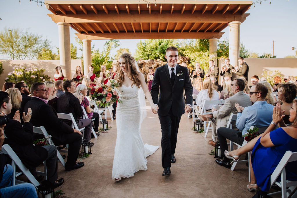 Colorful Gilbert fall wedding bright in hue and charm. Burgundy, blush, and pops of peach highlighted the joy in the celebration! Floral by Array Design, Phoenix Arizona. Photography by Scott English.