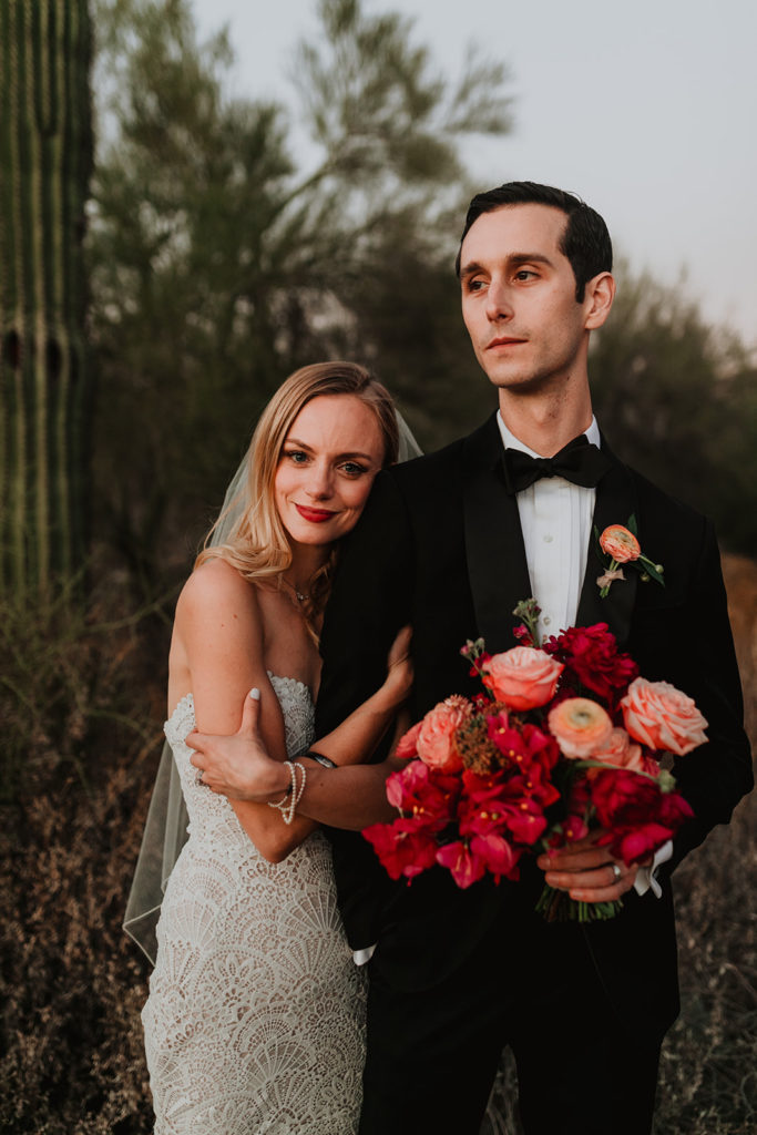 Bougainvillea inspired Arizona wedding with bright floral arrangements and mountain views at this desert wedding. Wedding flowers by Array Design, Phoenix, Arizona. Photographer Kristen Hennke.