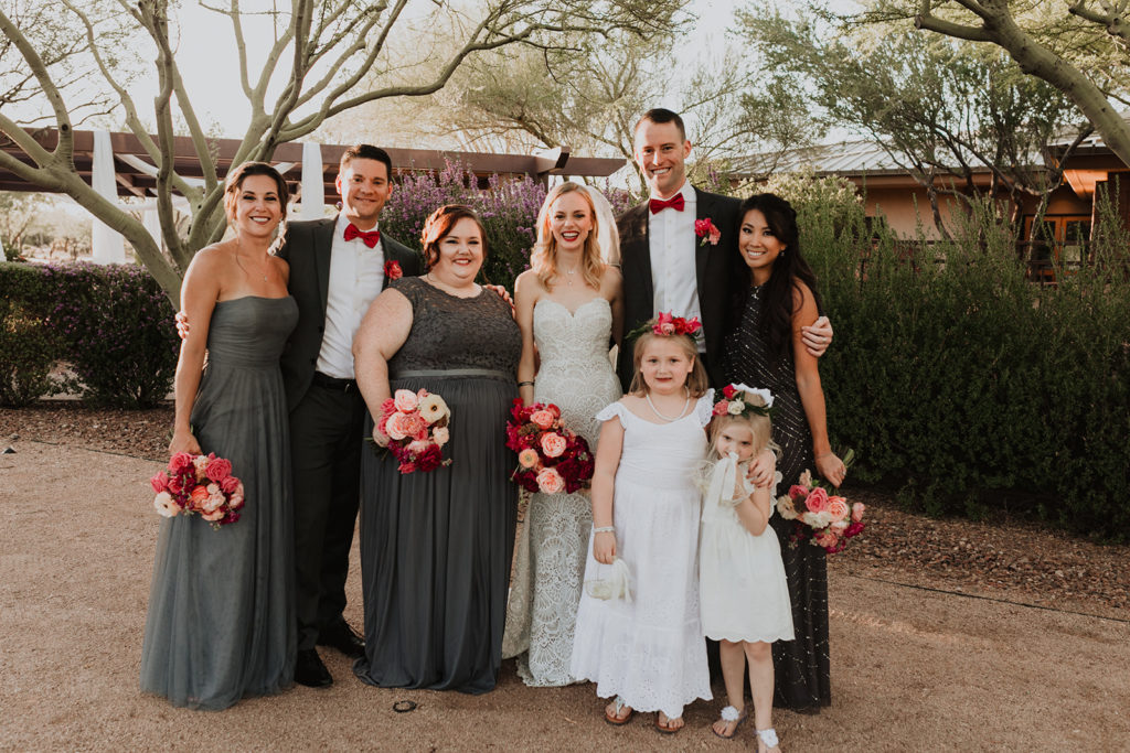 Posy bouquets and bridal bouquet at Bougainvillea inspired Arizona wedding with bright floral arrangements and mountain views at this desert wedding. Wedding flowers by Array Design, Phoenix, Arizona. Photographer Kristen Hennke.