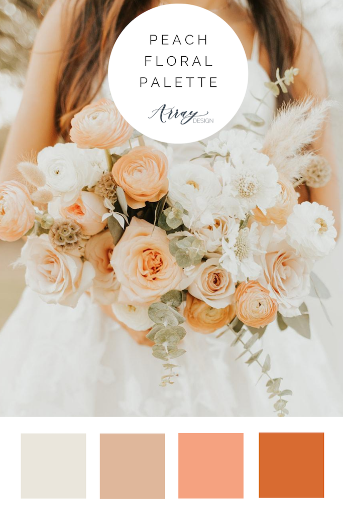 Peach tones bridal bouquet with color palette.