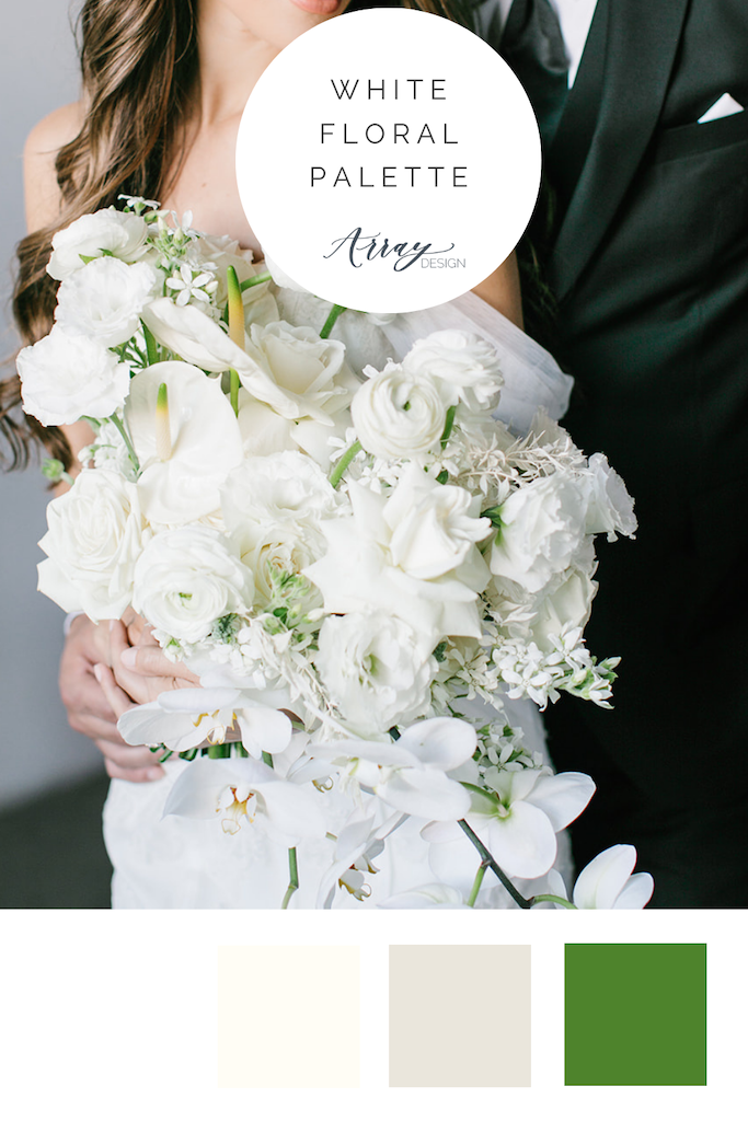 White floral color palette color swatch with white bridal bouquet example.
