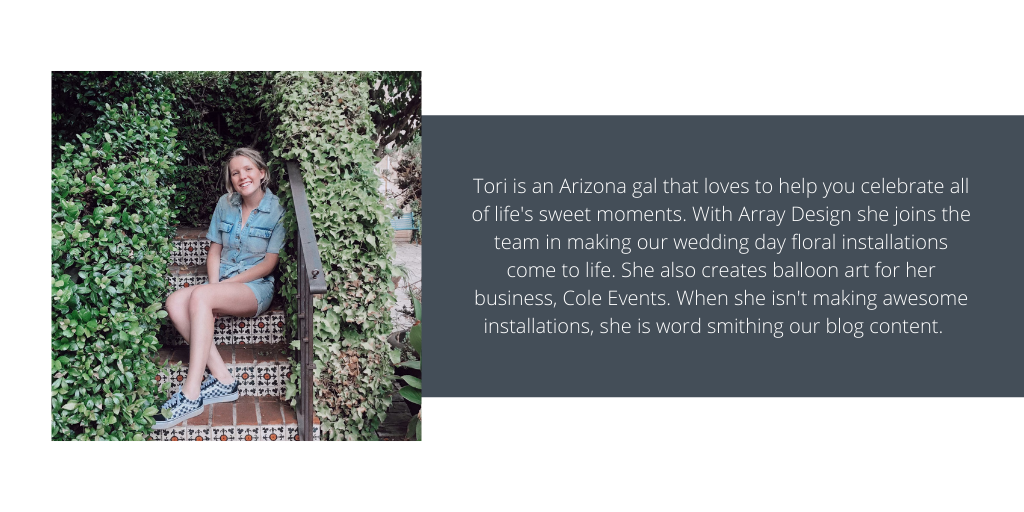 Array Design intern, Tori, sitting on brick and tile steps next to a short biography description.