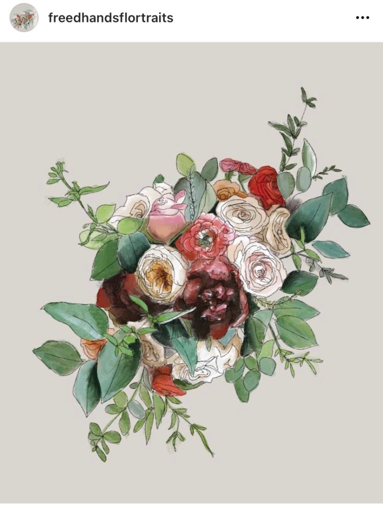Free Hands flortrait painting of bridal bouquet Instagram post.