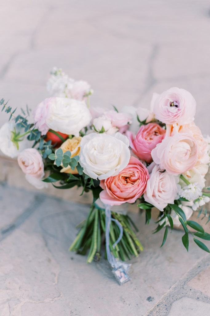 Bridal bouquet of pink and white flowers.