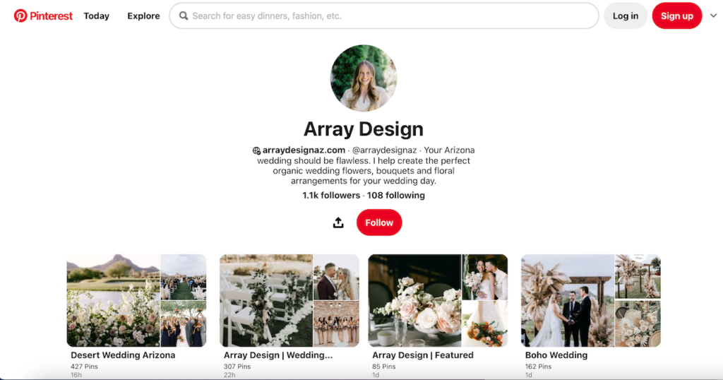 Array Design's Pinterest landing page.