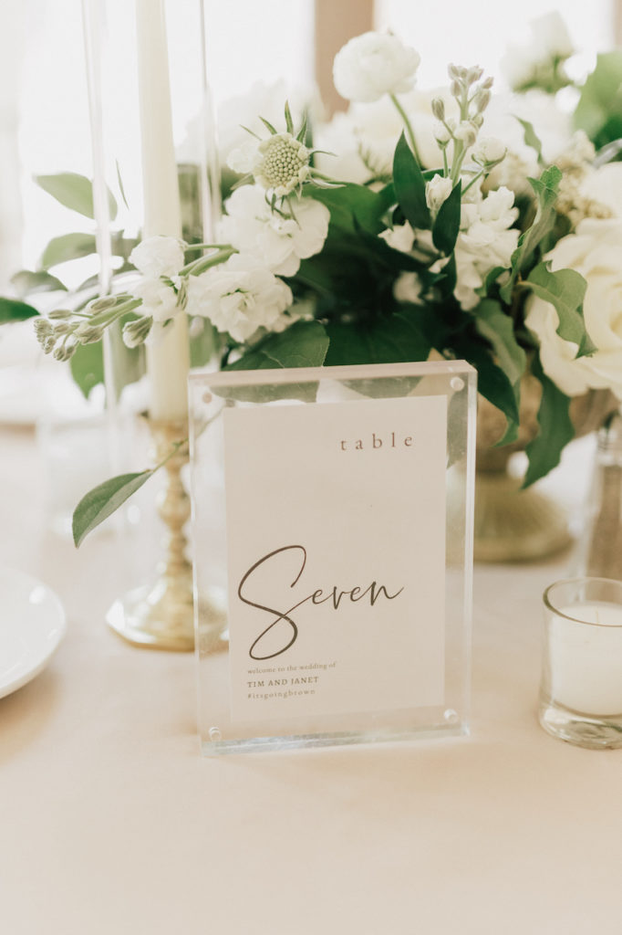 Wedding reception table number in acrylic frame with white center and black writing.
