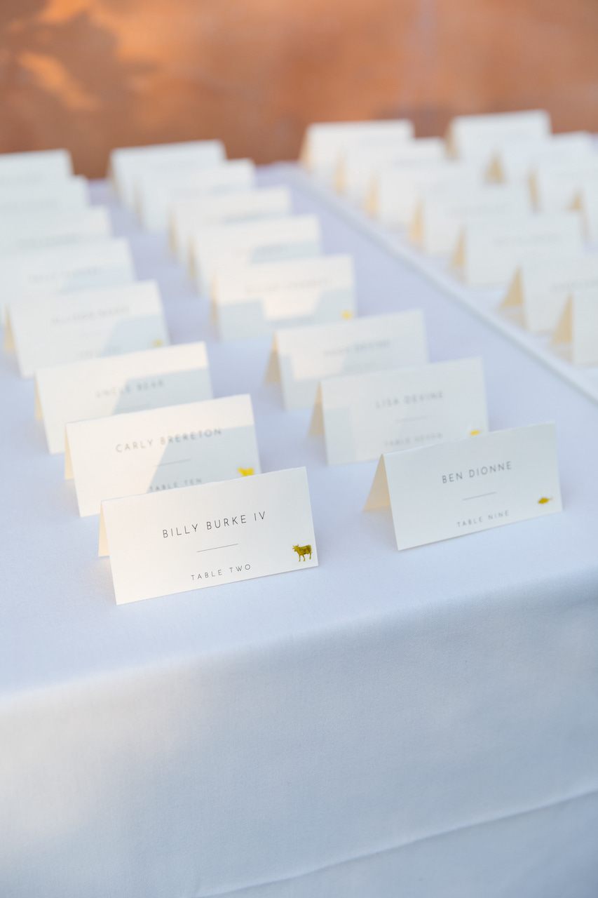 Escort table with white folded wedding guest card names.