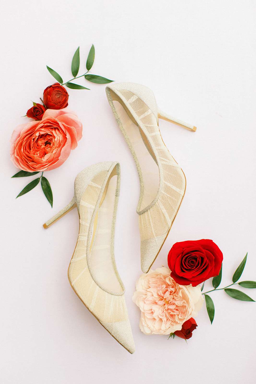 Bridal heels detail image with flowers.