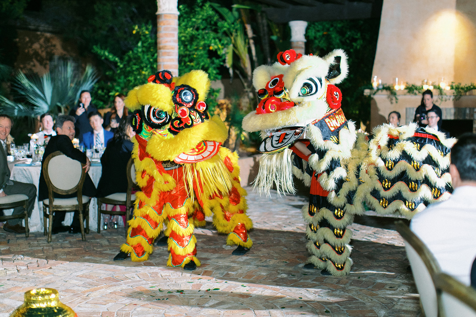 Chinese lion dance at wedding reception.