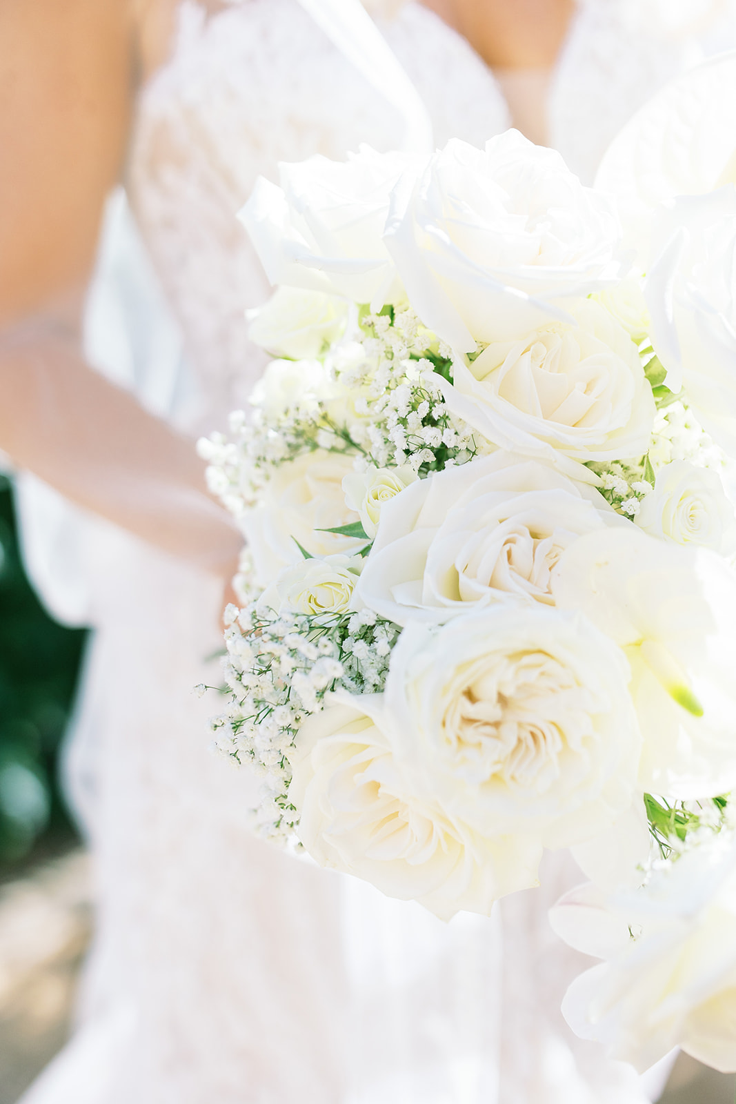 White roses and baby's breath bridal bouquet.