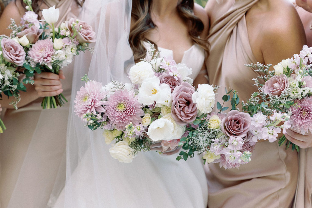 Detail photo of bridal and bridesmaid bouquets.