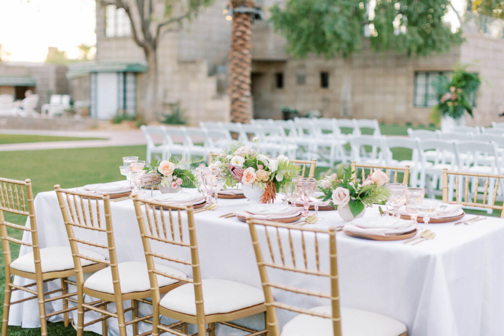 Outdoor reception space at Arizona Biltmore of rectangle table.