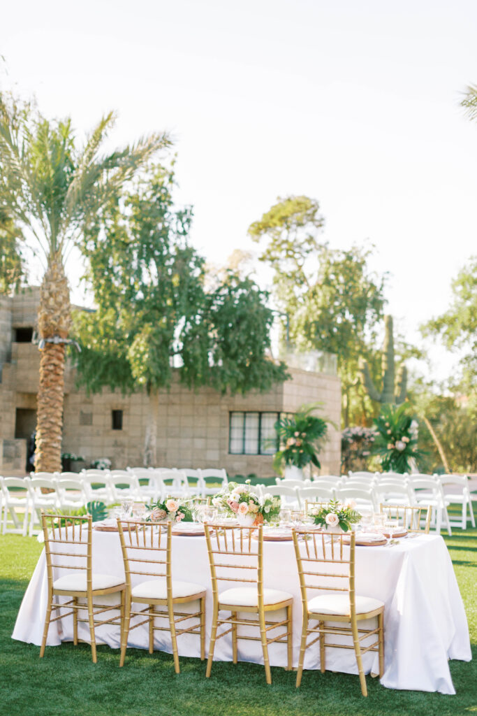 Outdoor reception space at Arizona Biltmore of rectangle table.