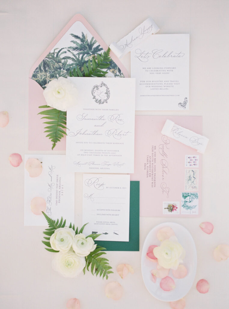 Custom tropical themed wedding invitation suite.