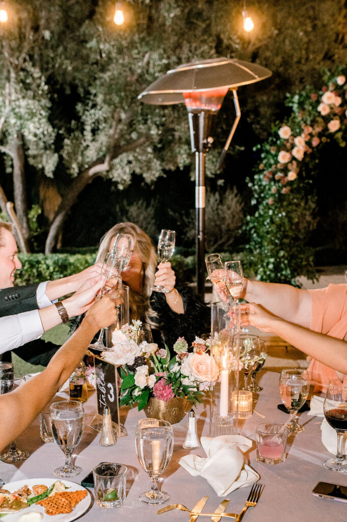 Guests toasting with champagne at outdoor wedding ceremony.
