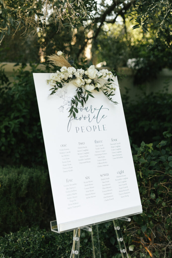 Custom white escort board sign with white flowers and greenery spray at top.