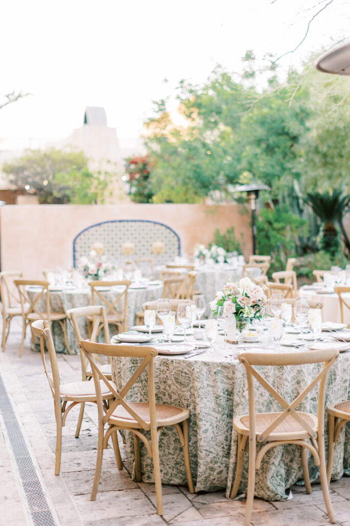 Outdoor reception tables at Royal Palms with paisley table cloths.