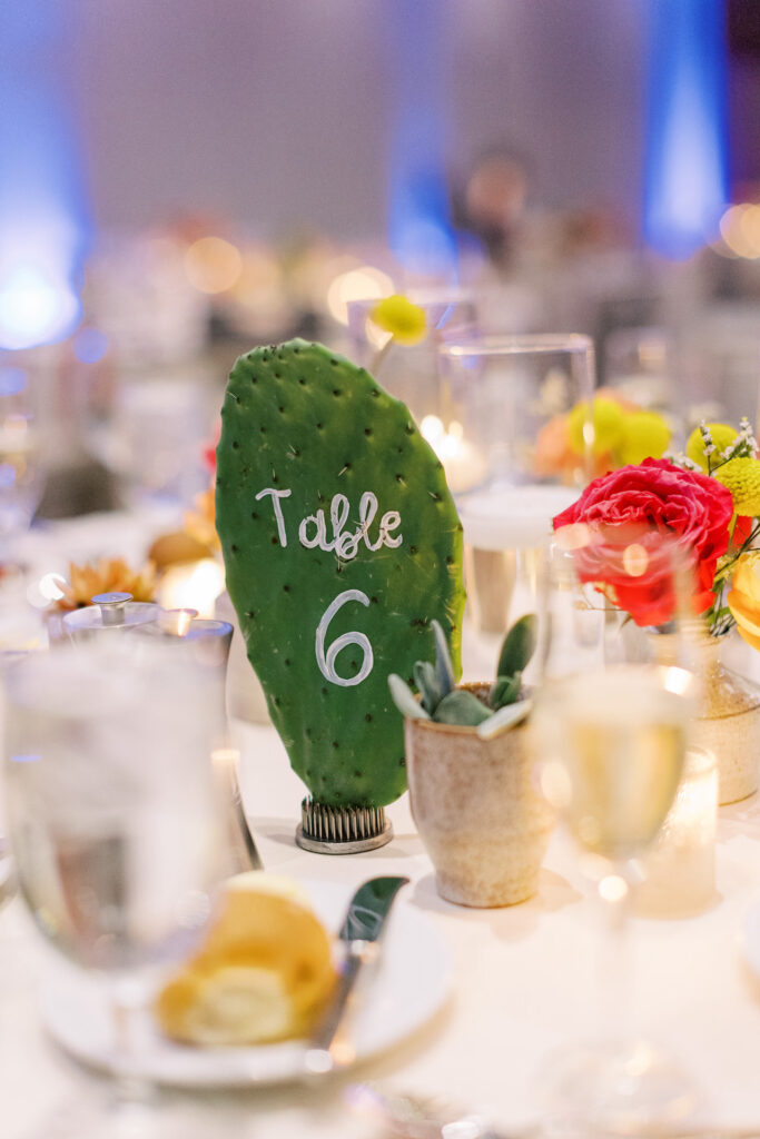 Custom table number cactus pad with hand lettering in white on it.