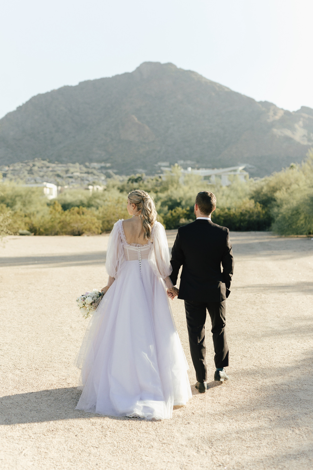 Bride and groom walking holding hands in open area with desert landscape around them,