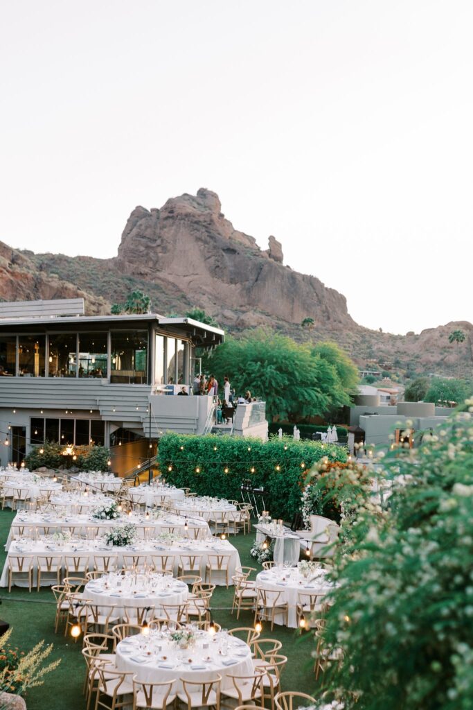 Outdoor reception view at Sanctuary Resort with Camelback Mountain in the distance.
