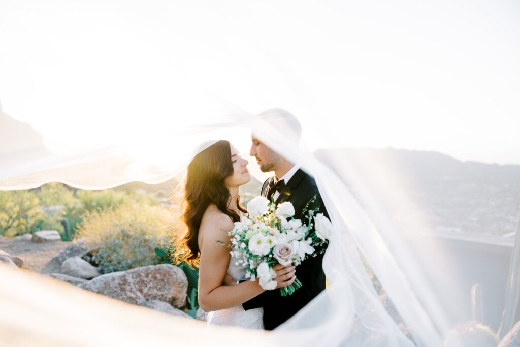 Bride and groom looking at each other with desert landscape in background and veil flowing in front of them.