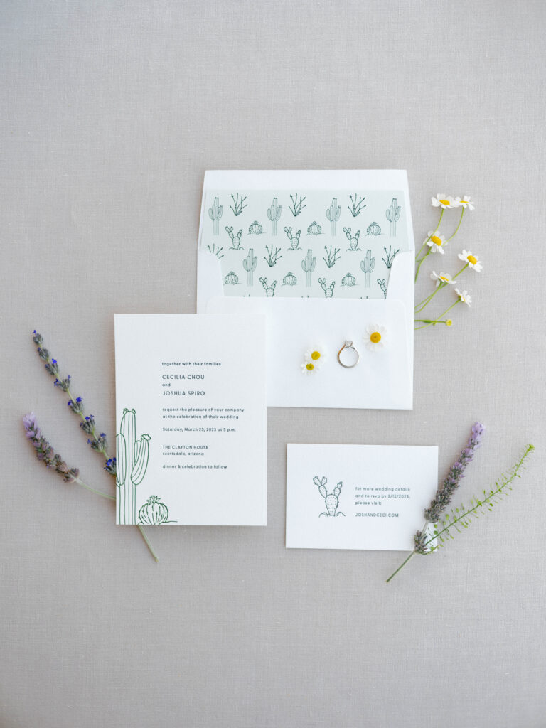 Custom wedding invitation suite with desert cactus drawings and floral details.