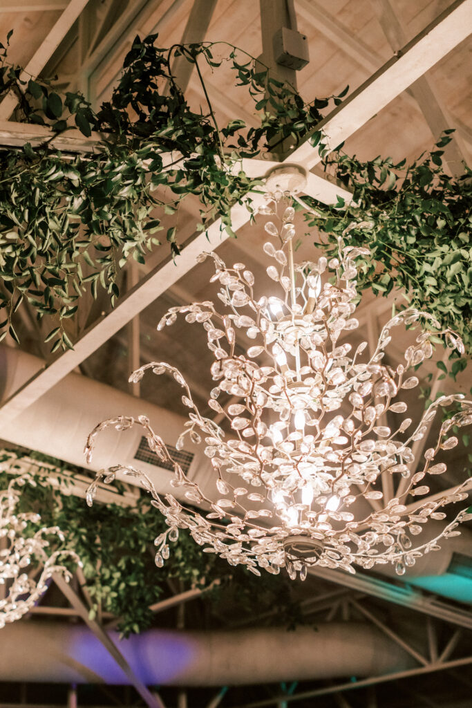 Ceiling greens installation and modern chandelier at El Chorro wedding reception.
