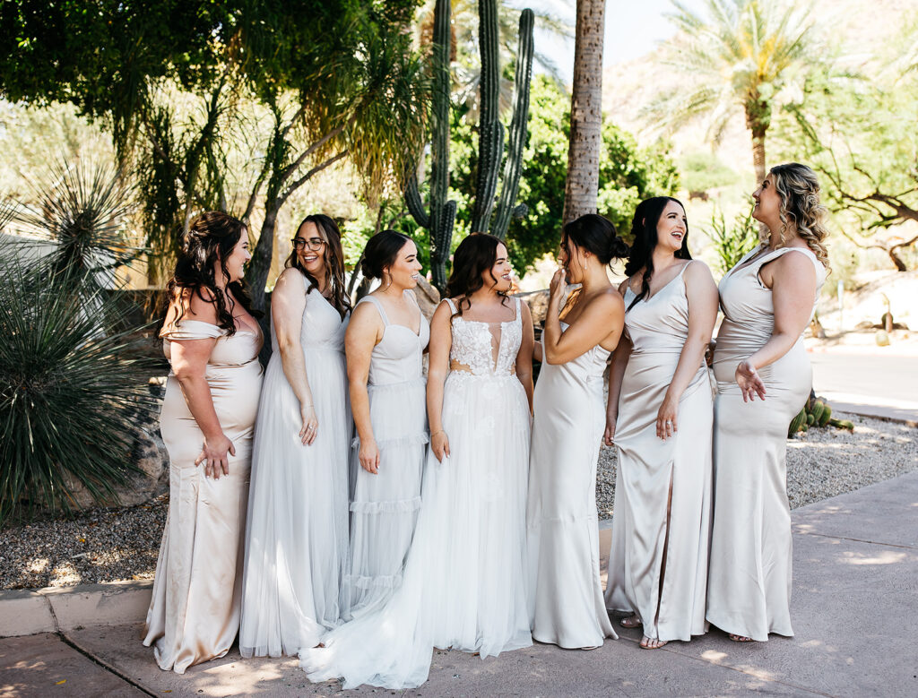 Bride standing in a row with bridesmaids wearing different style taupe dresses in front of desert landscape.
