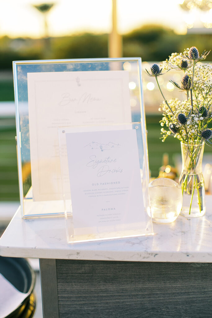 Wedding bar menu and thistle bud vase.