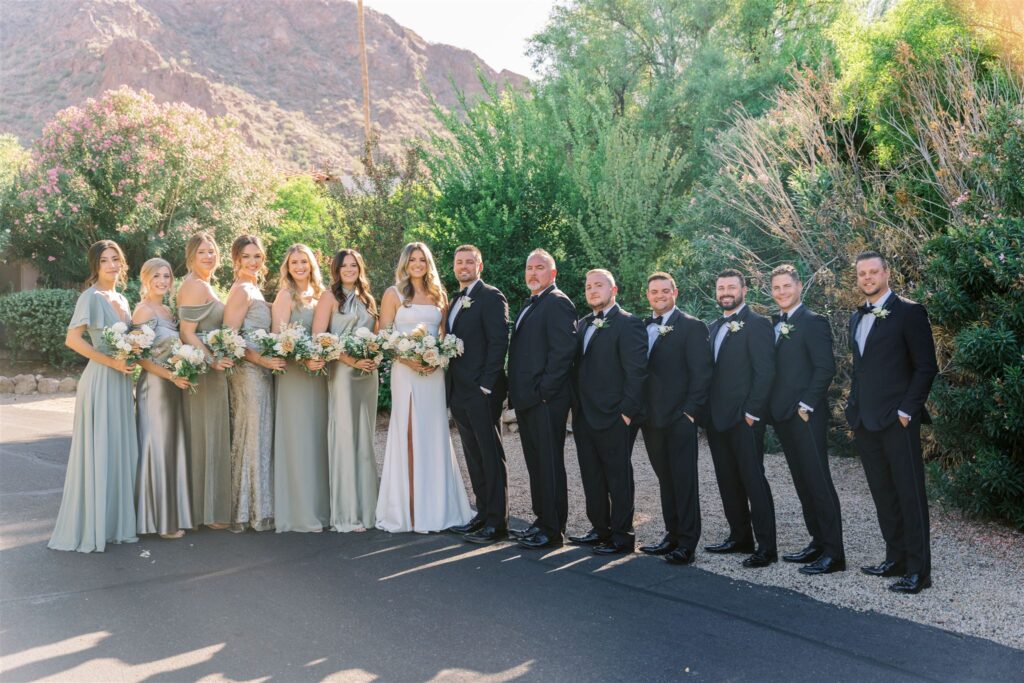 Wedding party of bridesmaids in gray green dresses and groomsmen in black suits with bride in groom in center, all standing in desert landscape.