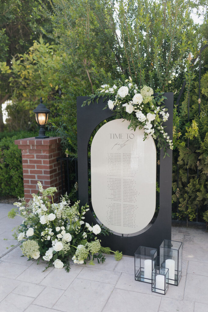 Black and cream custom wedding reception escort sign with floral arrangements and candles.