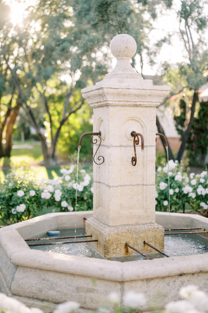 Fountain outside at wedding venue.