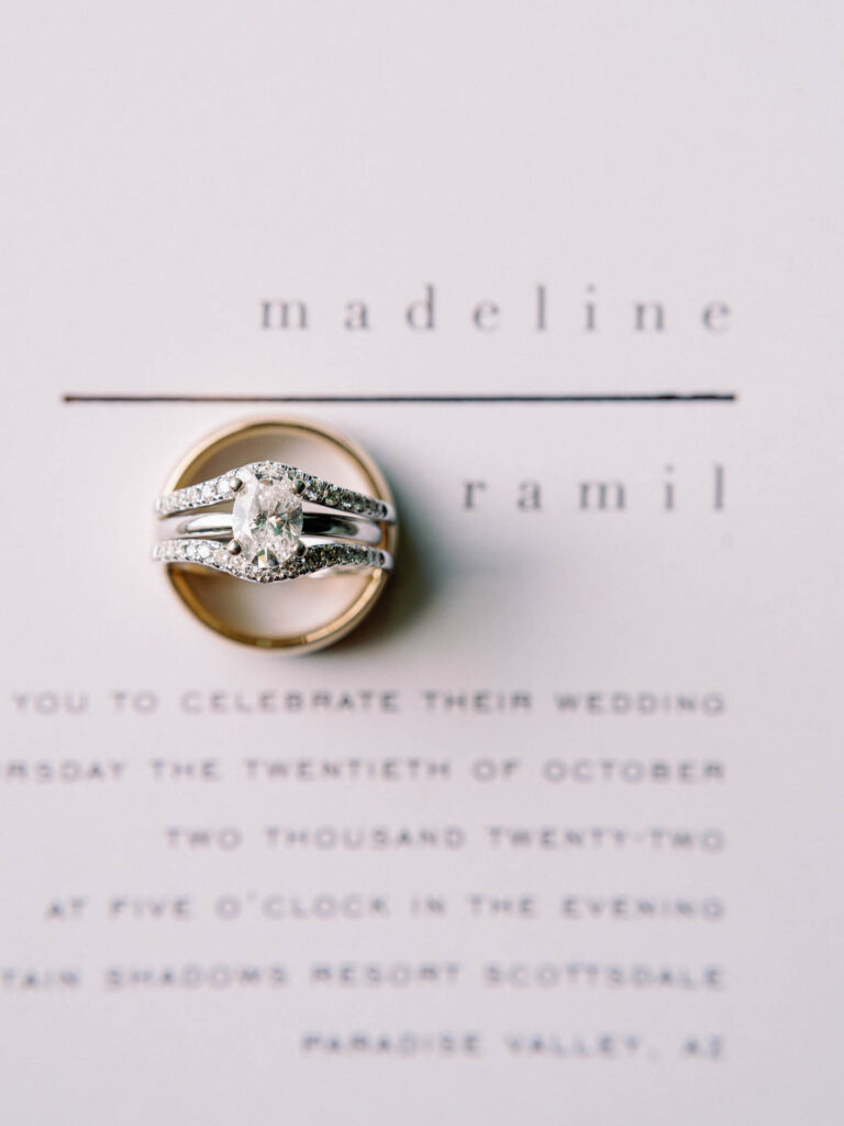 Wedding rings placed on wedding invitation.