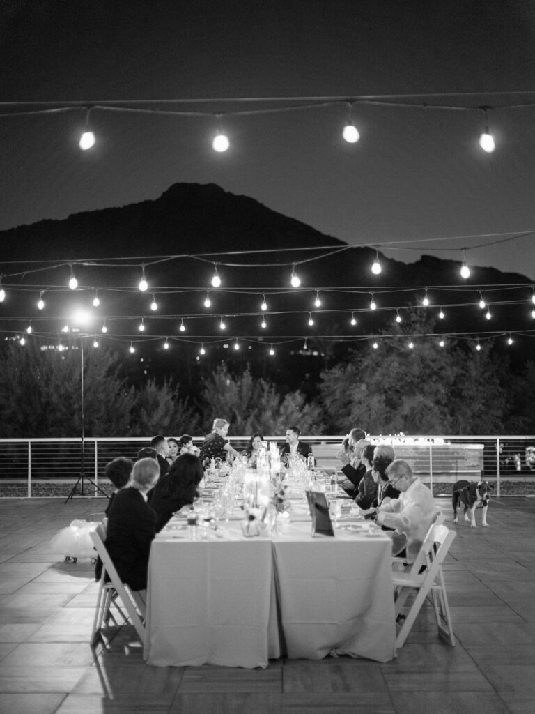 Wedding guests seated at night at long reception table with mountain in the distance.