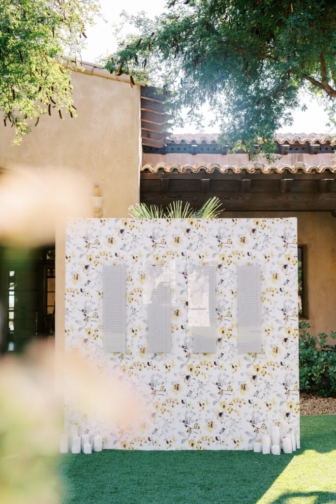 Custom escort board with pillar candles on the ground on both sides and floral pattern covering it.