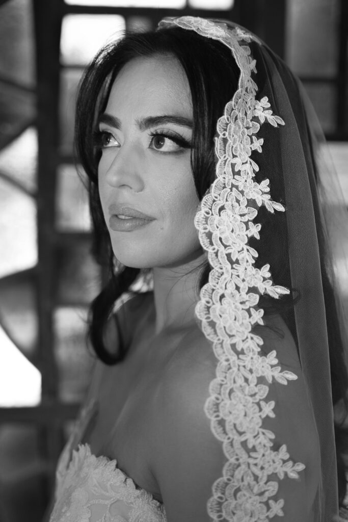 Black and white photo of bride looking off to side wearing veil with applique details around edge.