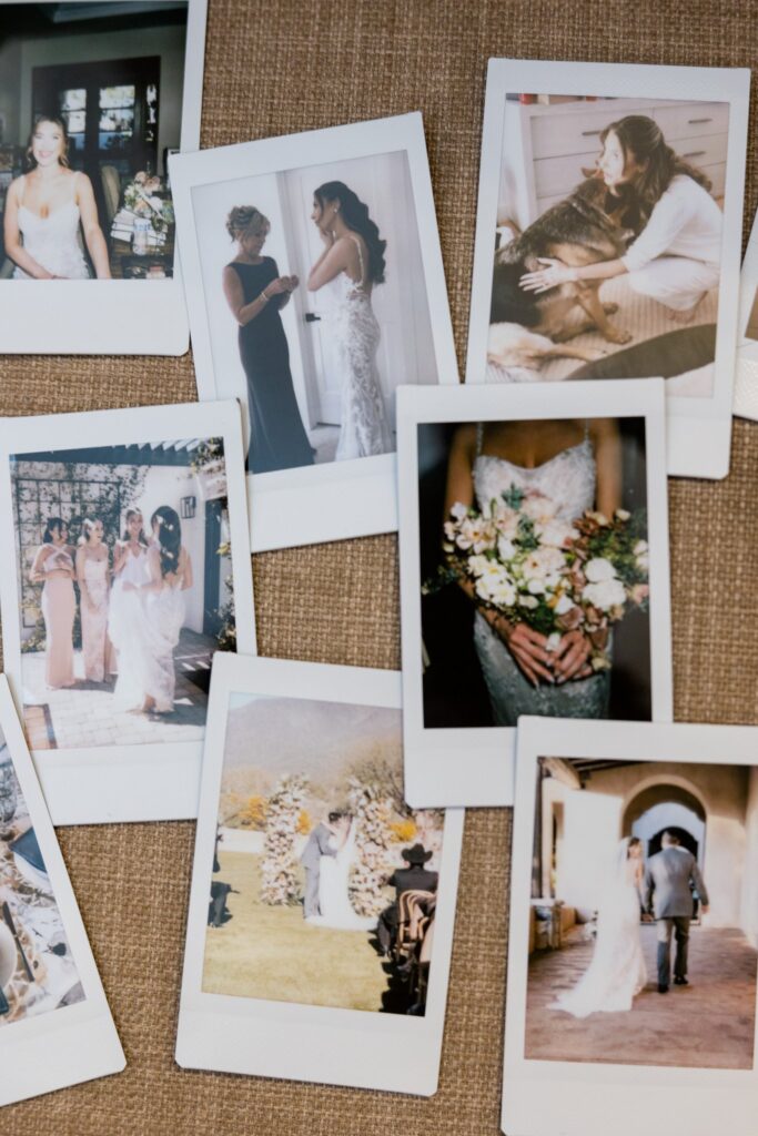 Polaroids of wedding day moments laid out.