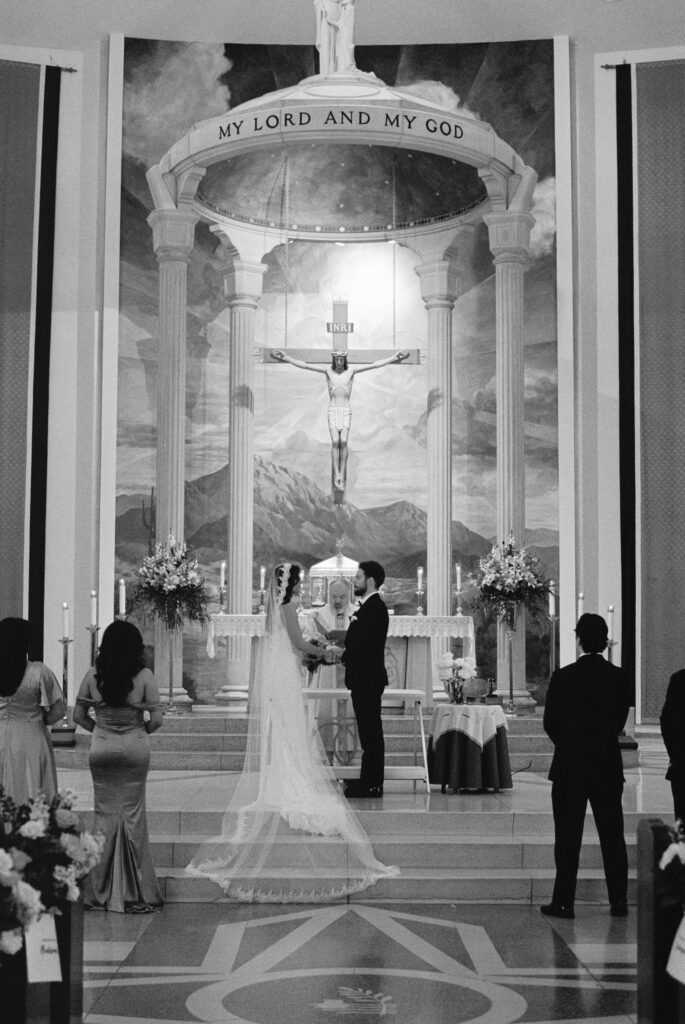 Indoor church wedding ceremony altar space.