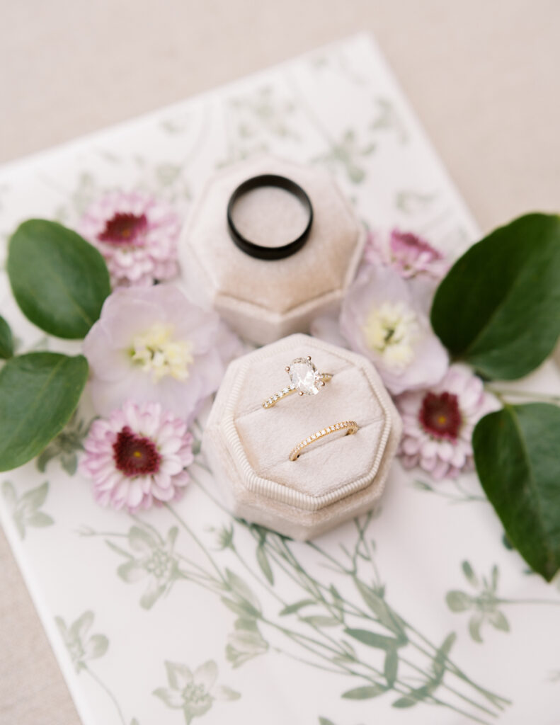 Wedding rings with flower details and stationary underneath.