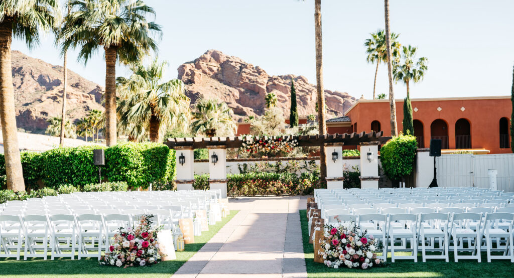 Omni Montelucia wedding ceremony space with Camelback Mountain in background.