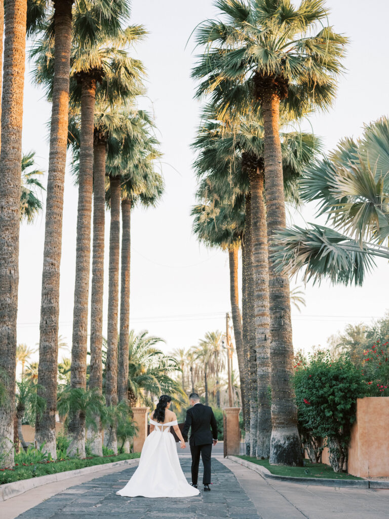 Bride and groom walking away from camera, holding hands, between Royal Palms' palm tree lined drive.
