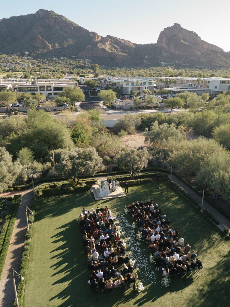 Overhead view of outdoor wedding ceremony at El Chorro with Camelback Mountain in the background.