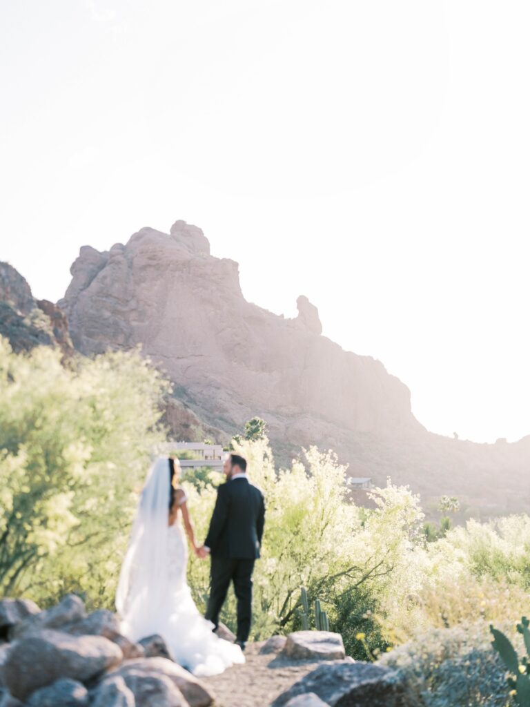 Bride and groom holding hands and walking away on desert path.